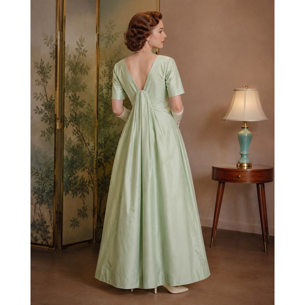 VTG 60s Mint Green Chiffon Long Bow Maxi Dress Union Gown Fits Size XS Retro - Picture 2 of 10